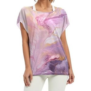 Aquarel Paars Marmer Kunstwerk Dames Korte Batwing Mouw Shirt Ronde Hals T-shirts Losse Tops voor Meisjes, Patroon, XL