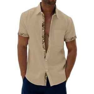 LQHYDMS Heren T-shirt Single Breasted Tops Heren Korte Mouw Patchwork Blouse Zomer Open Stitch Casual Shirts Kleding Plus Size S-5Xl, Kaki, XL