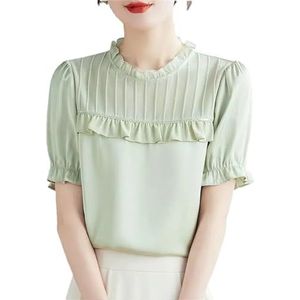 Dames zomer opstaande kraag patchwork effen chiffon blouses dames elegant all-match shirt met korte mouwen, En8, S