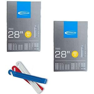 2 x Schwalbe binnenband DV17 28 x 1,10-1,75 inch 1x Zefal bandenlichter DP 20 3-delige kaart blauw/wit/rood Tire Levers set 3