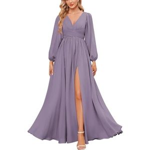 KURFACE Bruidsmeisjesjurken met lange mouwen en split geplooide chiffon formele jurk met mouwen formele jurk, Wisteria, 32