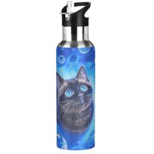 Cartoon Magic Cat Kitten Blauwe Waterfles Geïsoleerde Grote 1L Rvs Sport Vacuümfles met Stro Lekvrij voor Reizen Koffie