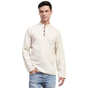 SKAVIJ Heren Handloom Katoen Kurta Houten Loop Knop Casual Shirt, Gebroken Wit, M