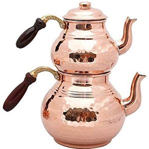 Alhamra traditionele Turkse koperen theepot, samovar, zwarte theemaker en brouwer (houten handvat, koper)