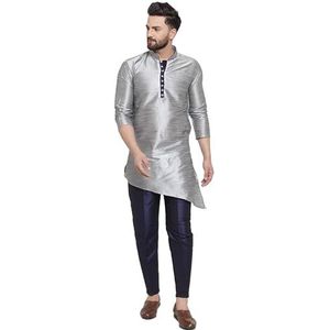 Lakkar Haveli Heren Indisch traditioneel Shirt Kurta Trail Cut Bruiloft Feestkleding Grote Lange Pyjama Broek Set Zilver Zijde (Large), zilver, L