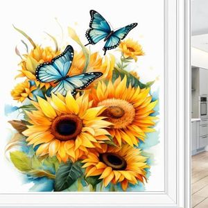 Vlinder zonnebloem glas-in-lood raamfolie, aquarel bloem dier privacy raamfilm glazen deurbekleding niet-klevende raamstickers voor badkamer keuken 80 x 120 cm