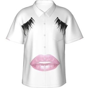 Wimper Lip Witte Print Fun Hawaiiaans shirt voor mannen Casual Korte Mouw Button Down Shirts Zomervakantie, Zwart, S
