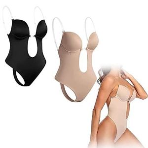 Invishaper - Plunge Backless Body Shaper-bh,sexy naadloze string met volledige bodysuits,doorzichtige feestjurk Onzichtbare bh's voor dames (L, Zwart+Beige)