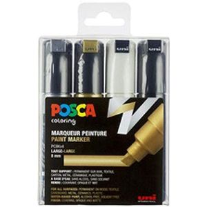 Posca - PC8K - Broad Tip Pen - goud, zilver, zwart en wit, 4 stuks