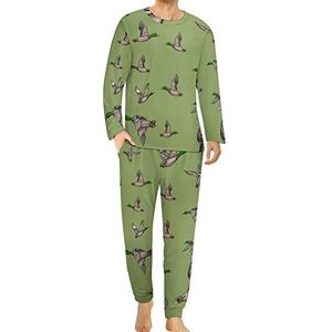 Mallard Duck comfortabele herenpyjama-set met ronde hals en lange mouwen, loungewear met zakken, XL