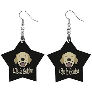 Life Is Golden (Golden Retriever) Mode Leuke Oorbellen Grappig Geschilderd Houten Sieraden Geschenken voor Vrouwen Ster