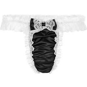 Satini Satijn Kant met ruches Sissy String Tanga Knickers Broekje Satijnen broekjes Ondergoed (Zwart - Wit, L)