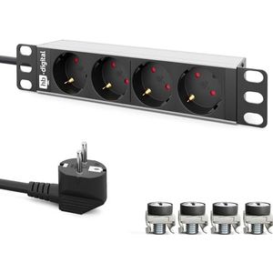 hb-digital 10 inch stekkerdoos 4-voudig voor serverkast 1HE - aluminium profiel 230 VAC / 16 A - voor netwerkkasten serverkasten met bevestiging - compacte energieverdeling en