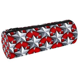 Zilveren 3D Sterren Patroon Met Rode Achtergrond Canvas Pen Etui Portemonnee Cosmetische Make-up Tas Voor Student Briefpapier School Kantoor Opslag, Multi#01, 20x6.3cm/7.9x2.5in, Potlood gevallen