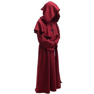 BLESSUME Friar Middeleeuwse Hooded Robe Monnik Renaissance Priester Robe Halloween Cosplay Kostuum (XL, Bourgondië Cowl Hoed+Robe+taille touw+ketting)