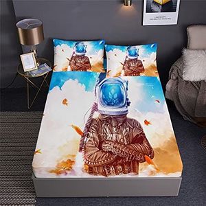 Astronaut Prints hoeslakenset, Space Explorer, kosmisch avontuurlijk ontwerp, met hoeslaken en 2 kussenslopen (3 stuks) of dekbed (4 stuks) (A, King-3 stuks)