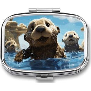 Pillendoos 2 compartimenten medicijn pillendoosje mooie zee otter print bedrukte draagbare pillendoos reizen pillenorganizer voor zak portemonnee dagelijkse geneeskunde vitamine doos visolie doos