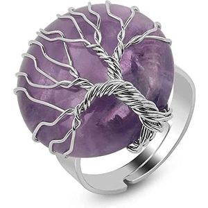 Genezende kristallen oorbellen, levensboom kronkelende ring ronde natuurstenen ringen, helende kristallen chakra roze kristal amethist verstelbare vingerring (kleur: amethist)