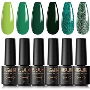 ROSALIND UV Nagellak Groen, 6 Kleuren Glitter Groen Gras Donkergroen Mini Gel Set Soak-Off UV Schellak Nagellak Manicure Cadeau voor Beginners Nail Art Salon DIY Home, Kerstcadeaus