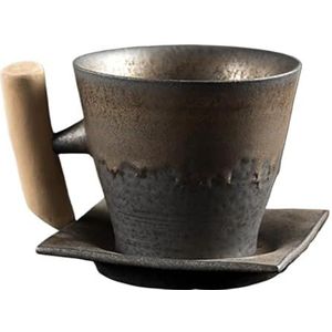 BLacOh Mokken keramische vintage kantoor thee water beker creatieve retro aardewerk koffie melk mokken met houten handvat drinkgerei koffiemokken (maat: zoals getoond, kleur: 4-1 set A)