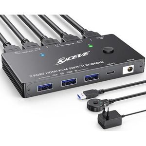 YOUTINGHDAV KVM Switch HDMI 8K @60Hz/4K @120Hz, HDMI2.1 KVM Switch 2 PC 1 Monitor met 3 USB3.0 apparaten, HDCP 2.3, HDR 10, kabelafstandsbediening, 12V-voeding en 2 USB 3.0-kabels