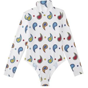 LI ZHI XIN Rompertje met lange mouwen voor dames, lange mouwen, eendelige jumpsuit met rolkraag, turnpakje, top voor meisjes, dansen, workout, fitness, bodysuit, paisley, naadloos patroon, kleur