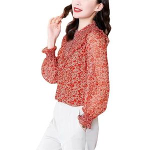 Dvbfufv Dames vintage elegante print knoop chiffon shirt dames lente losse lange mouwen pullover blouses, Rood, XL