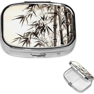 Pillendoosje 2 compartimenten pillendoos draagbare metalen pillenorganizer schattige reispillencontainer bamboe boom afbeelding Chinese kalligrafie vitamine organizer voor portemonnee zak reizen