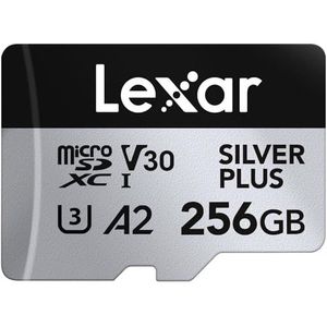 Lexar Silver Plus 256 GB Micro SD-kaart tot 205 MB/s, MicroSDXC UHS-I flashgeheugenkaart met adapter, C10, U3, A2, V30, Full HD, 4K UHD, High Speed TF-kaart voor drone, actiecamera, handheld consoles