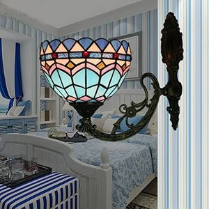 Mediterrane Wandlamp, Blauw Gekleurde Glazen Lampenkap Tiffany Muur Gang Slaapkamer Nachtkastje Balkon Trap