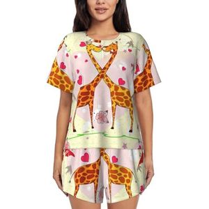 YQxwJL Giraffe Hart Bloem Vlinder Print Vrouwen Pyjama Sets Shorts Korte Mouw Lounge Sets Nachtkleding Casual Pjs Met Zakken, Zwart, 3XL