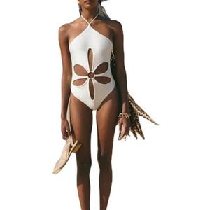 HFYRBDKSPI Dames One Piece Badpakken Sexy Bloem Hollow Out Halter Buik Controle Badpakken,Wit,L
