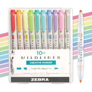 Zebra Pen Mildliner Double Ended Highlighter Set, brede en fijne puntpunten, diverse fluorescerende en koele inktkleuren, 10 stuks