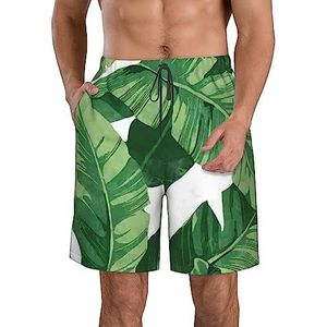 JIAWUJYNB Leuke groene palmbladeren print heren strandshorts – lichtgewicht, sneldrogend trekkoord zwembroek met zakken, Wit, XL