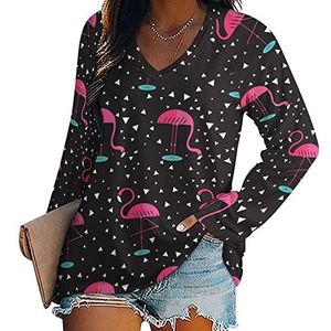 Geometry Flamingo dames lange mouwen V-hals T-shirts herfst tops pullover tuniek T-shirt voor leggings