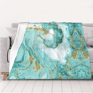 OKFSTY Wasbare, dubbelzijdige dikke turquoise gouden marmeren deken, warme pluche deken voor bank, sofa, bed, 152 x 203 cm