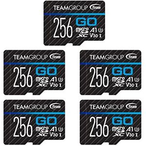 TEAMGROUP GO Card 256 GB x 5 PACK Micro SDXC UHS-I U3 V30 4K voor GoPro & Drone & Actiecamera's Hoge Snelheid Flash Geheugenkaart met Adapter voor Buitensporten, 4K Schieten, Nintendo-Switch