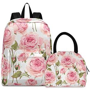 Roze rozenbloemenkunst boekentas lunchpakket set schouderrugzak boekentas kinderrugzak geïsoleerde lunchbox-tas voor meisjes jongens, Patroon., Medium