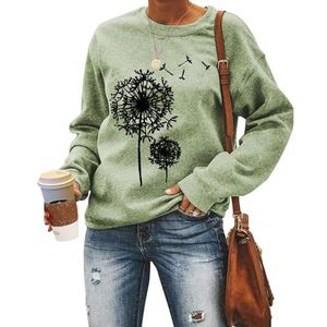 MLZHAN Paardebloem Print Vrouwen Sweatshirt Herfst Winter Ronde hals Lange Mouw Shirt Paardebloemen Truien Sweatshirts Jas Tops, Olijfgroen, S