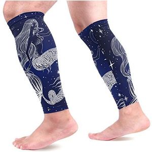 EZIOLY Zeemeermin met maan in haar hand sport kalf compressie mouwen been compressie sokken kuitbeschermer voor hardlopen, fietsen, moederschap, reizen, verpleegkundigen