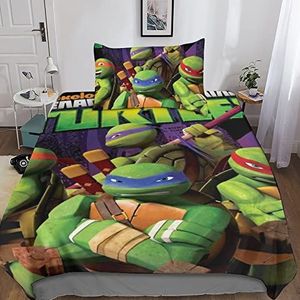 BRILLX Teenage Mutant Ninja Turtles Dekbedovertrek met kussenslopen Beddengoed Cover Microfiber Decor 3D-Print Dekbedovertrek Beddengoed Sets 2 stuks met verborgen ritssluiting voor jongens meisjes single (135 x 200 cm)