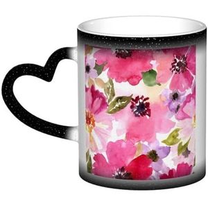 Aquarel Bloemen Roze Fuchsia, Keramiek Mok Warmtegevoelige Kleur Veranderende Mok in de Hemel Koffie Mokken Keramische Cup 330ml