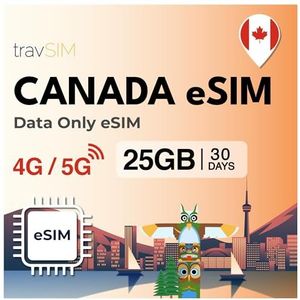 travSIM eSIM Canada | 5 GB mobiele data met 4G/5G hoge snelheid | 15 dagen geldig | Data SIM-kaart voor Canada | Canadese prepaid eSIM voor vakantiegangers en zakenreizigers | Eenvoudige activering