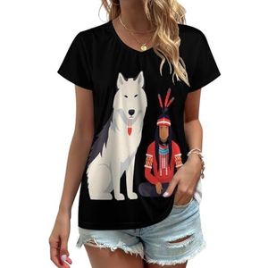 American Wolf Dames V-hals T-shirts Leuke Grafische Korte Mouw Casual Tee Tops 5XL