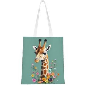 GFLFMXZW Giraf met bloemenprint canvas draagtas herbruikbare boodschappentas esthetische handtas schoudertas voor vrouwen meisjes, zwart, één maat, Zwart, One Size