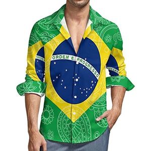 Braziliaanse Paisley vlag casual heren shirts lange mouw met zak Hawaiiaans shirt vakantie 4XL