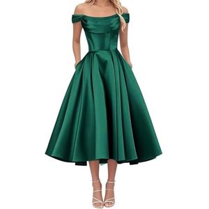 AHERKLL Thee Lengte Bruidsmeisjes Jurken voor Junioren Off Shoulder Satijn Avond Cocktail Party Maxi Jurk met Zak HAH050, Emerald Groen, 36
