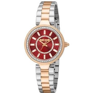 JUST CAVALLI Vrouwen horloge, Two Tone Zilver & Rose Gold Kleur Case, Rode Wijzerplaat, Two Tone Zilver & Rose Goud Kleur Metalen Armband, 3 Handen, 5 ATM, Tweekleurig zilver en roségoud kleur,