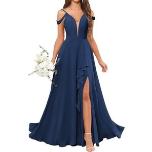 HPPEE Avondjurk voor dames, V-hals, blote schouders, bruidsmeisjesjurk met split en ruches, Donkerblauw, 32