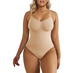 SHAPERX Dames Vormende Bodysuit Naadloos Buikverstevigend Shapewear Verstelbare Bandjes, UK-SZ5215-Beige-S/M